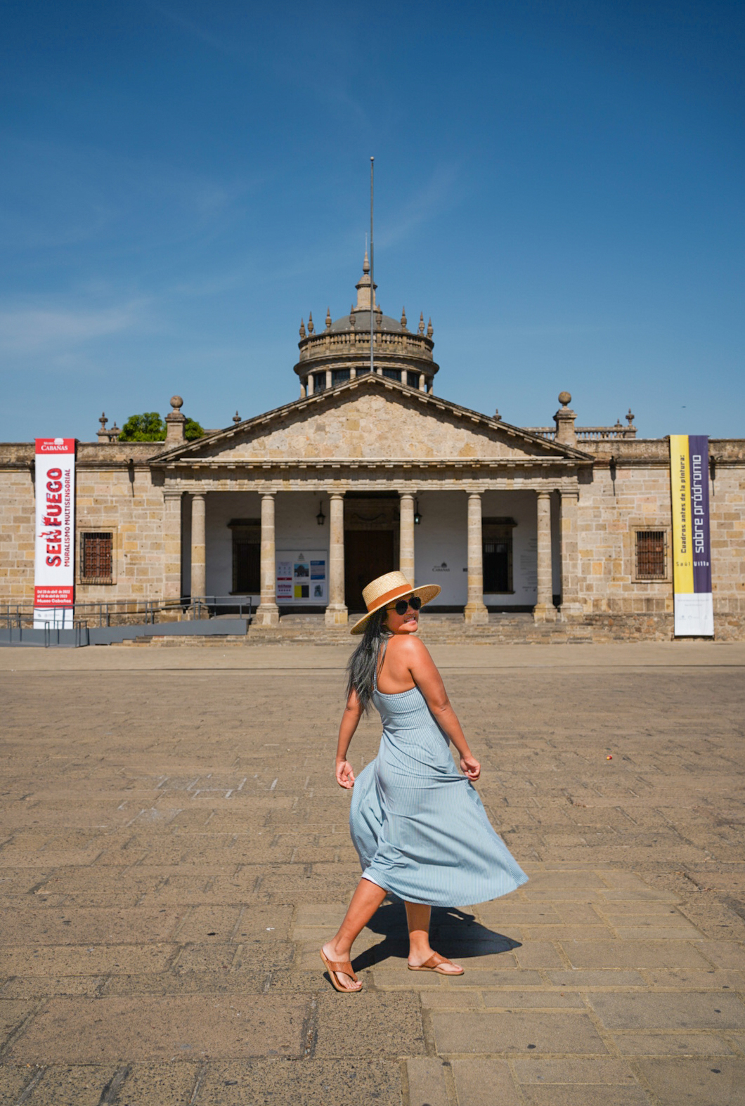 Guadalajara Mexico PACT Fit and Flare Midi Dress in Lake Stripe Gigi Pip Hat Sak Sandals