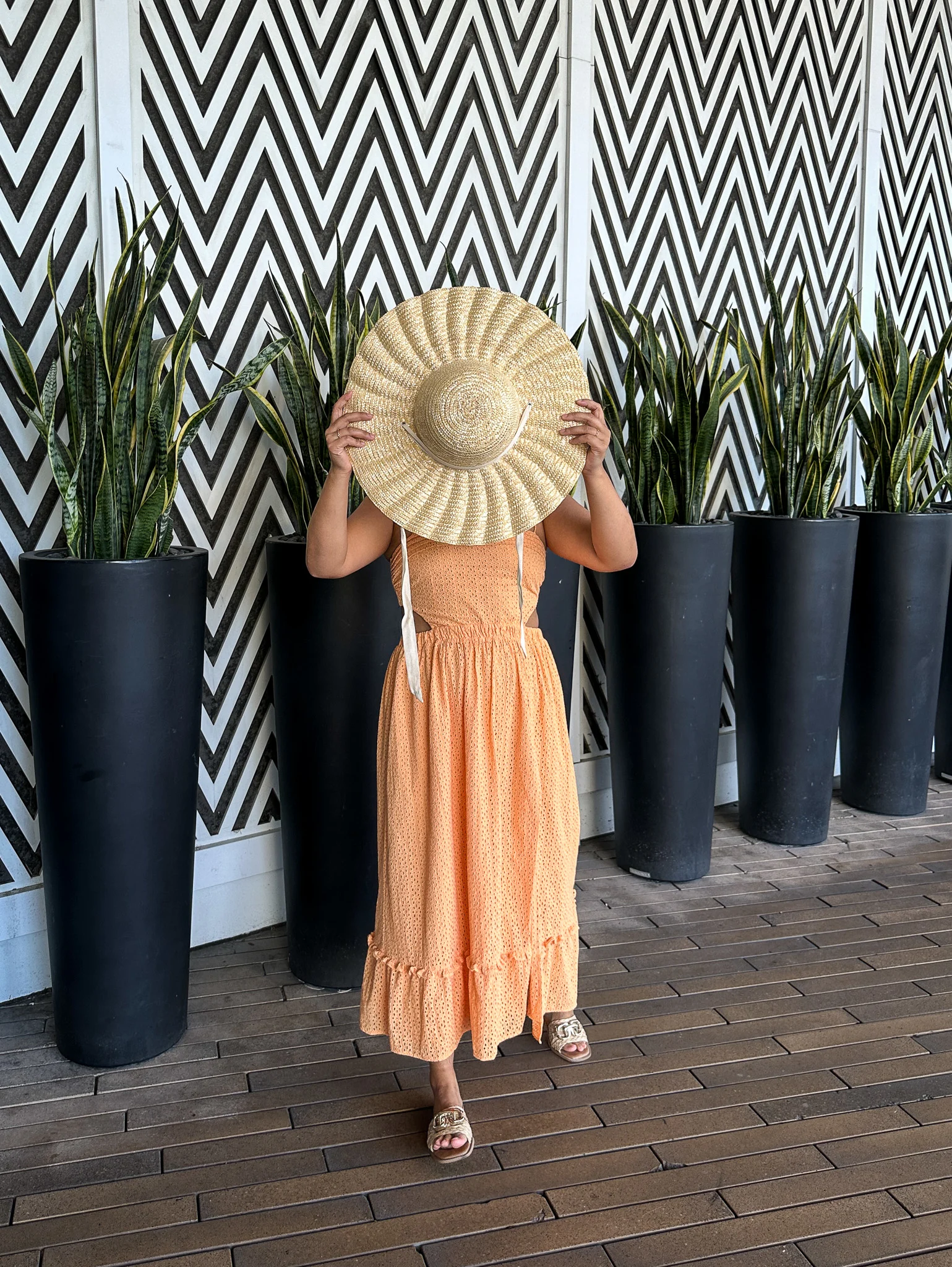 lack of color hat scalloped dolce hat camila coelho orange dress steve madden gene raffia sandals