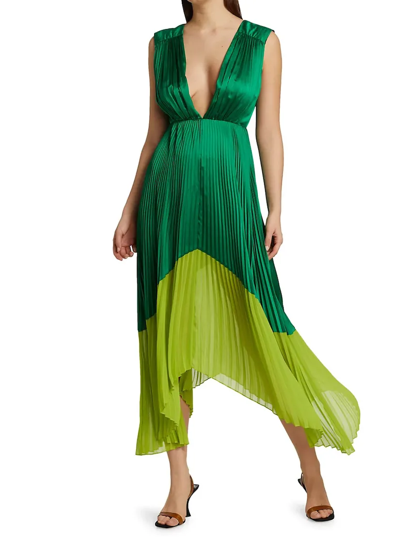 Amur Pleated V-Neck Colorblock Dress in Jade Green