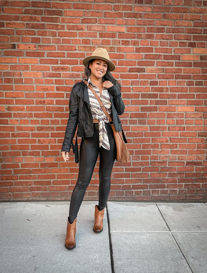 fall fashion schimiggy brown boots hat handbag silk and salt tie front blouse