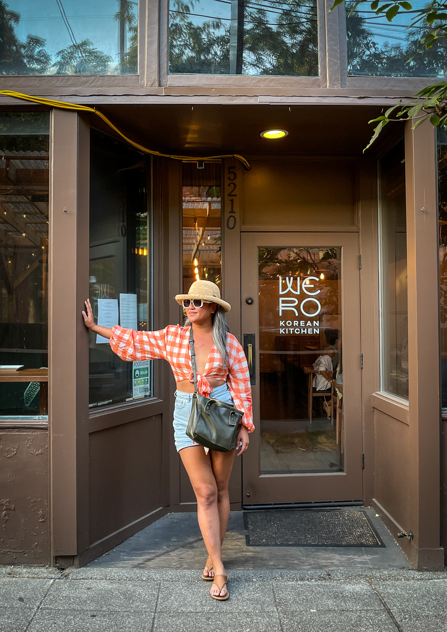 Farm Rio Orange GIngham Tie Front Top Wallaroo Catalina Hat Everlane denim shorts Sak Liv Crossbody Bag and Sandals Adidas Originals Sunglasses