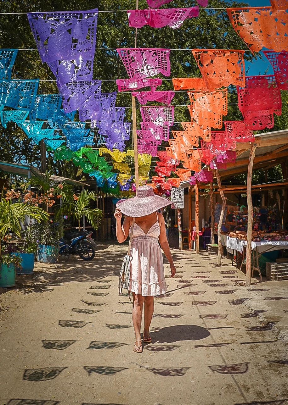 Colorful flag street in Sayulita Mexico hippie market