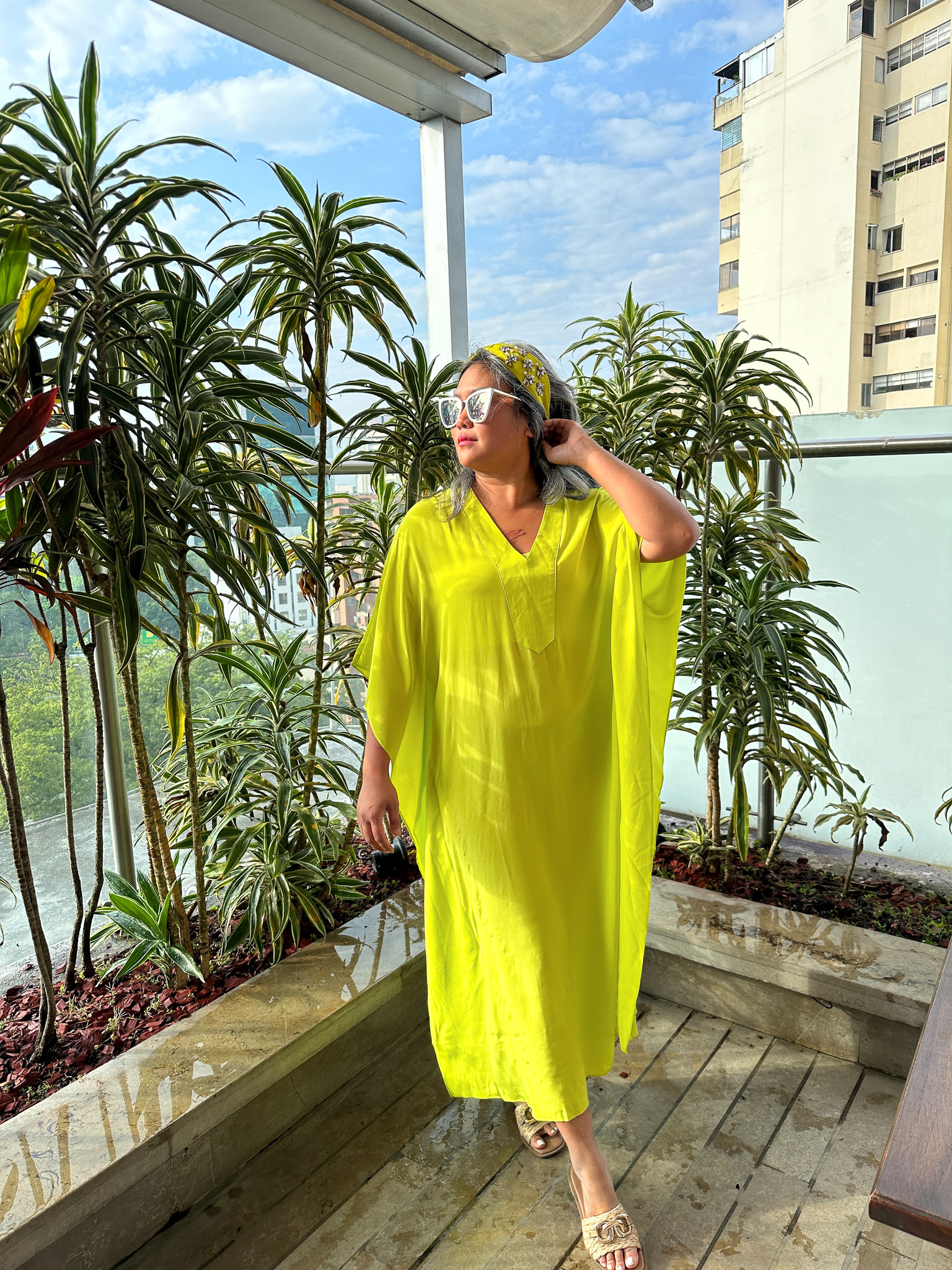 Ocean and Main Chartreuse placket v neck caftan namjosh headband quay sunglasses steve madden gene raffia sandals