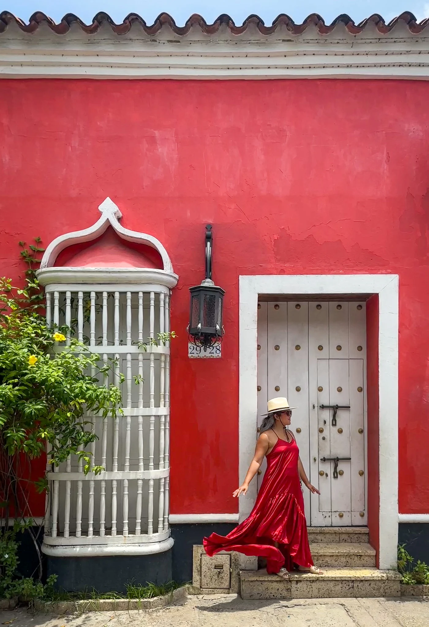 Red and white doorway Cartegena Perrin and Co Emma Dress apple red