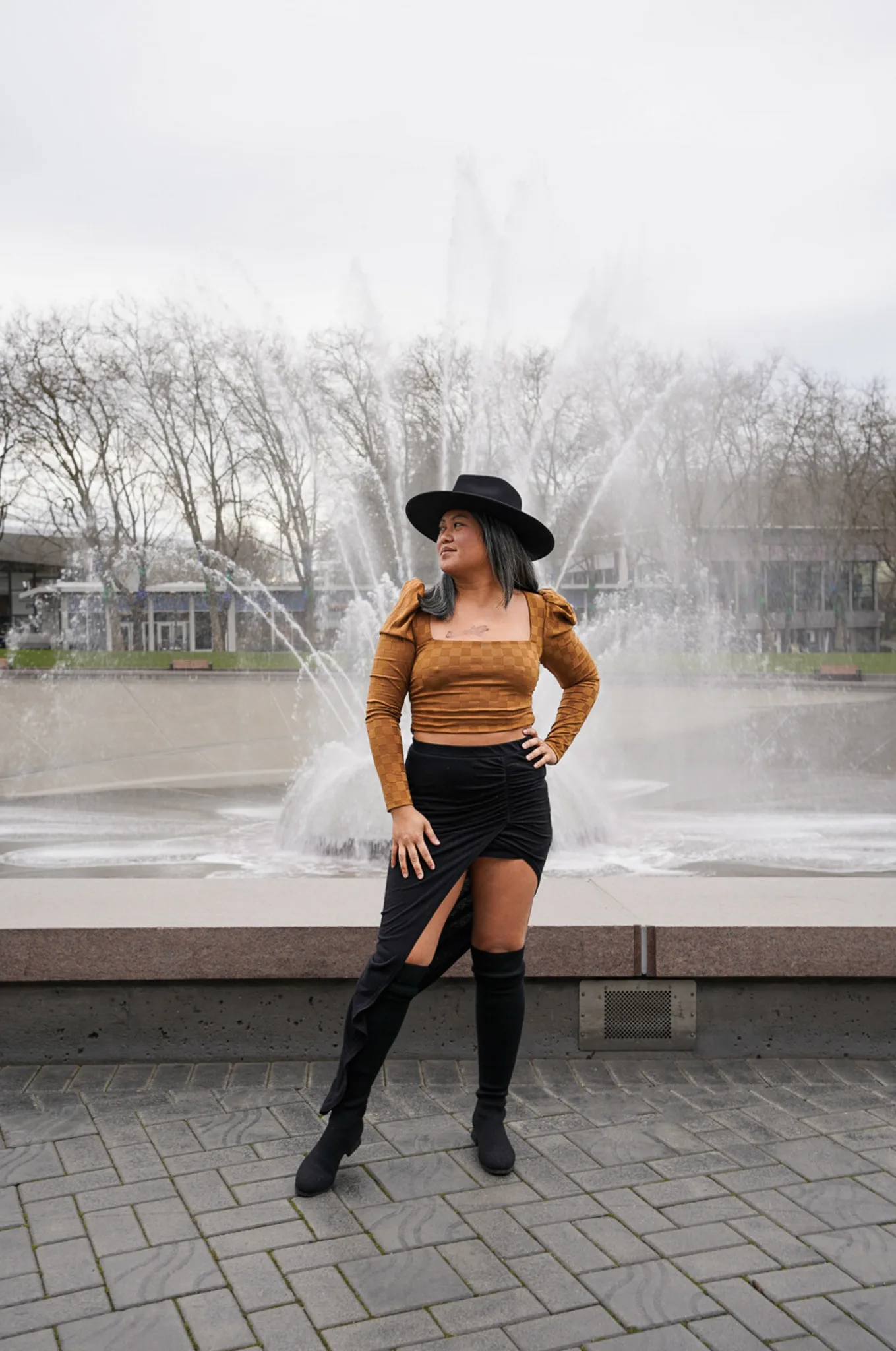 House of Harlow Hailes Top Pam and Gela Skirt VIVAIA Madeleine Thigh High Boots Lack of Color Rancher Fedora Hat