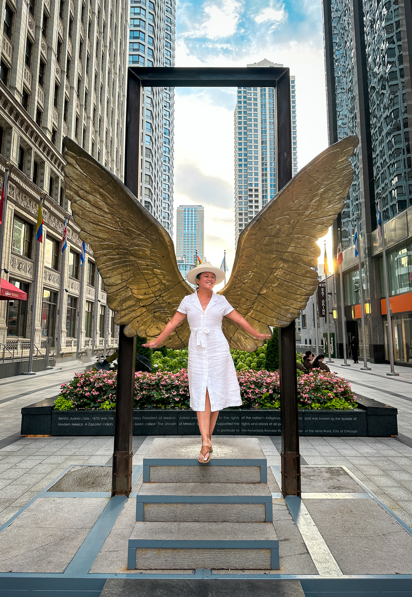 Wings of Mexico Statue Downtown Chicago Quince LInen Dress