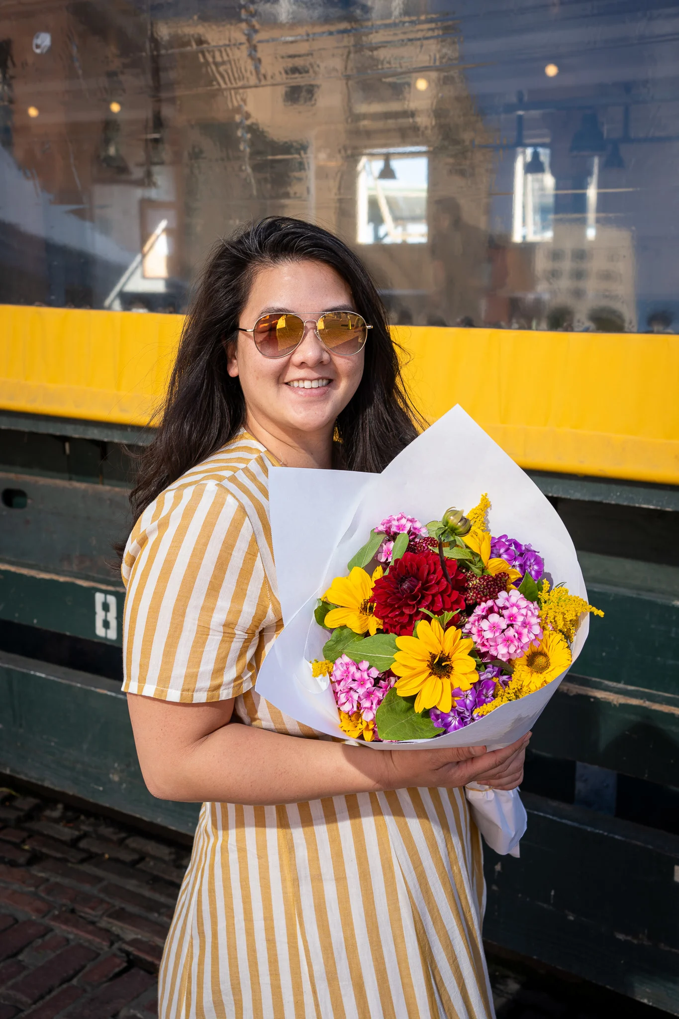 Fresh Flowers from the Pike Place Market in Seattle Bloomchic yellow striped dress