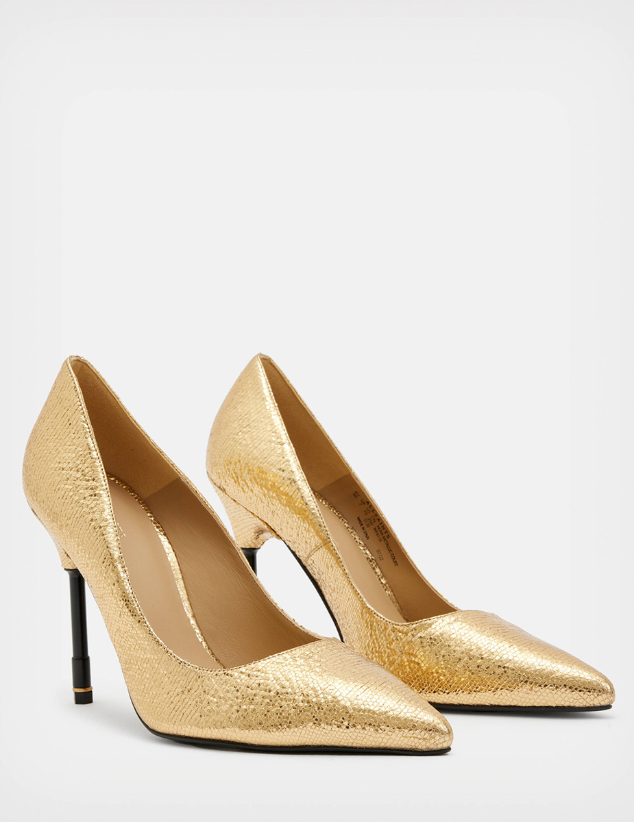 AllSaints Nova Leather Metallic Court gold heel pumps shoes