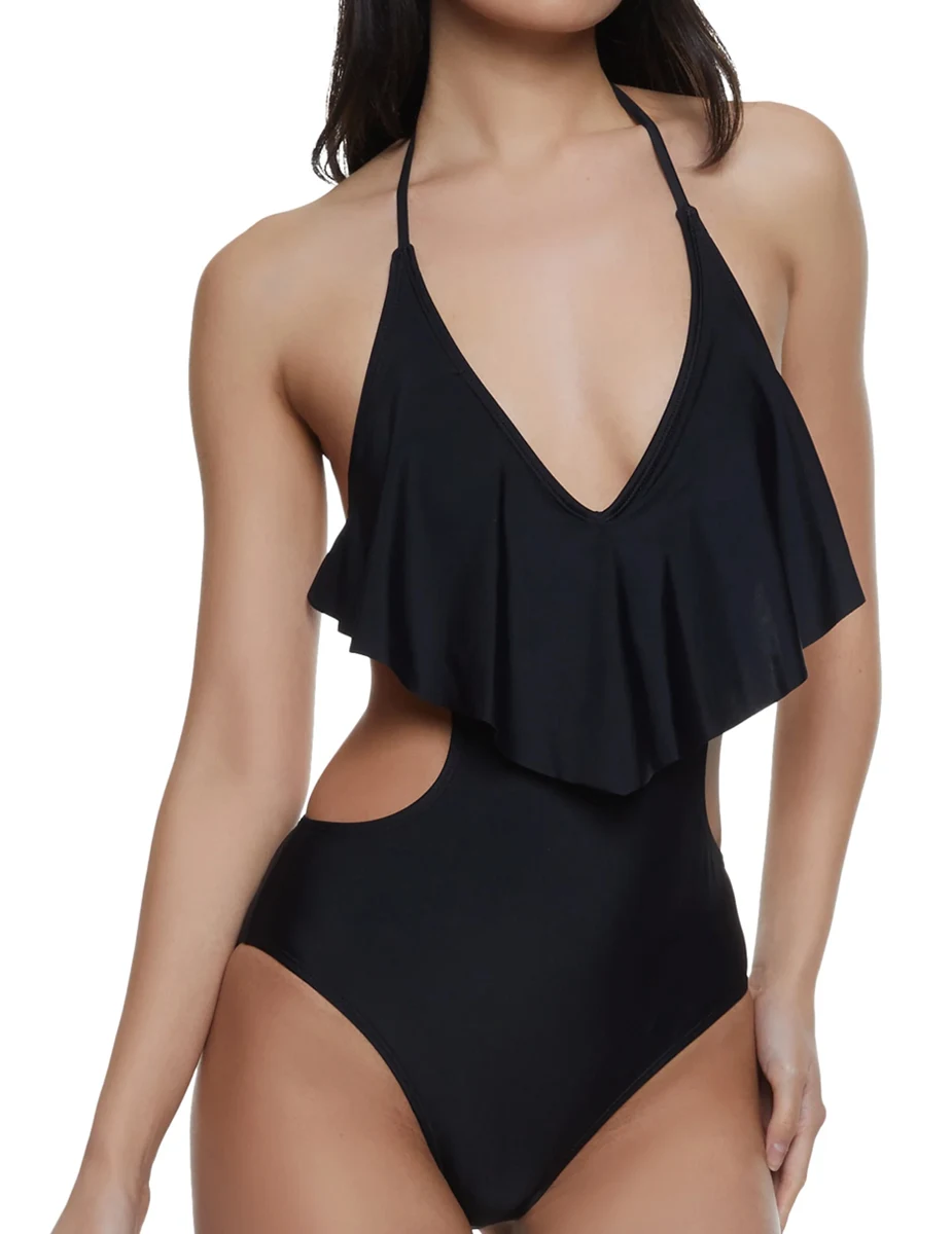 Rainbow open back Cascading Black one Piece Swimsuit