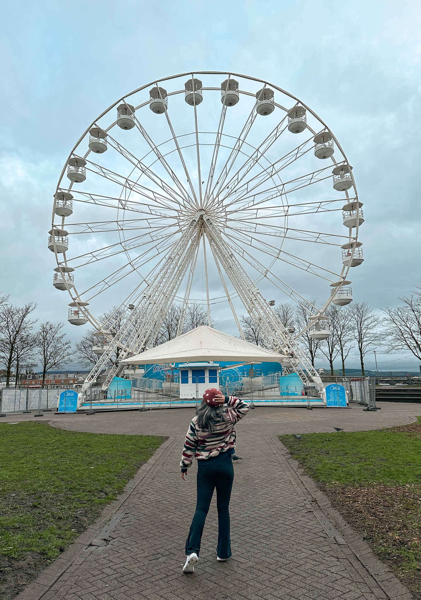 Ferris Wheel at Arthur's Quay Limerick Ireland Prana jacket Ebony Beret Peili Shop