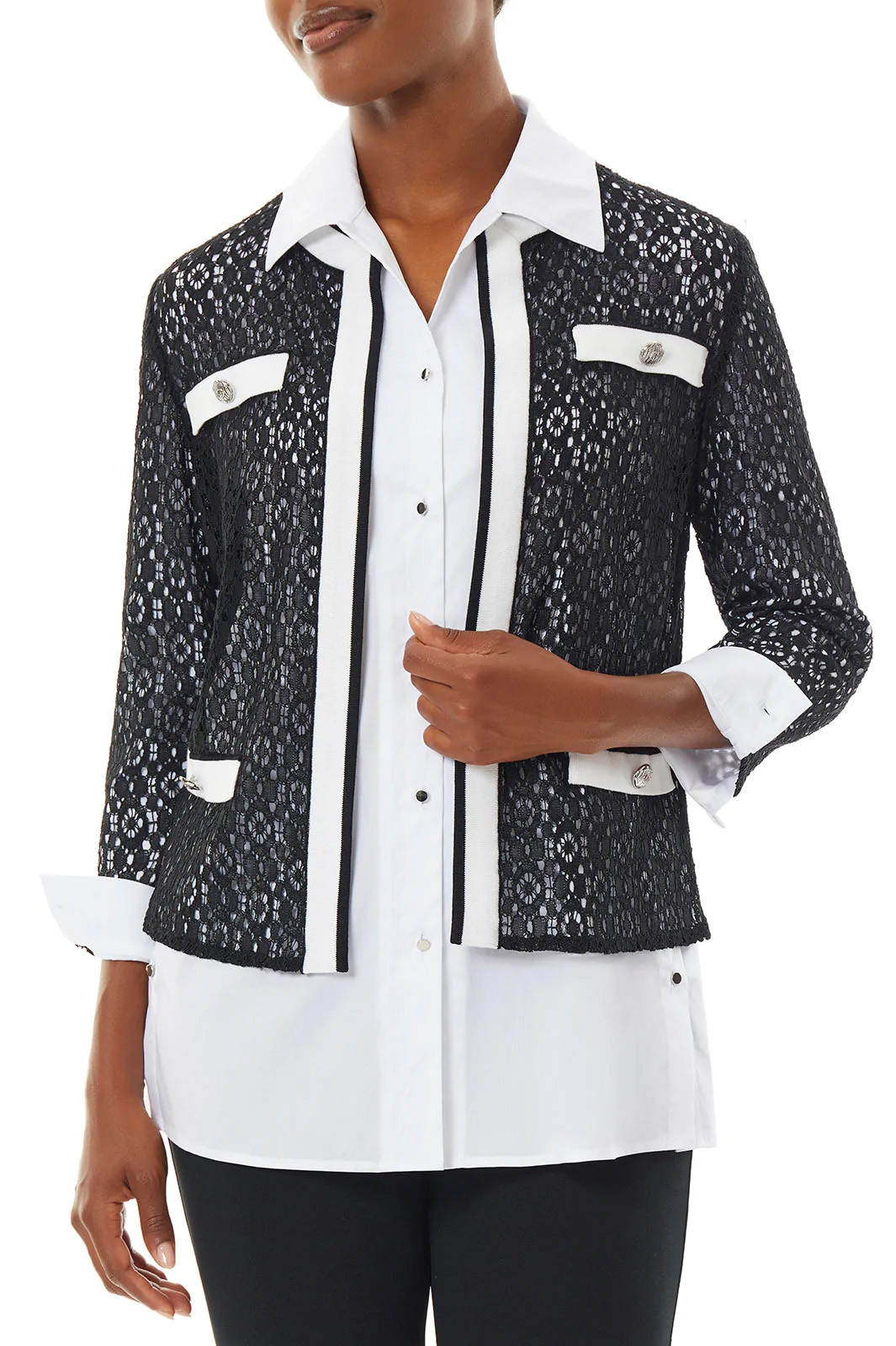 Ming Wang Floral Lace Contrast Trim Woven Jacket