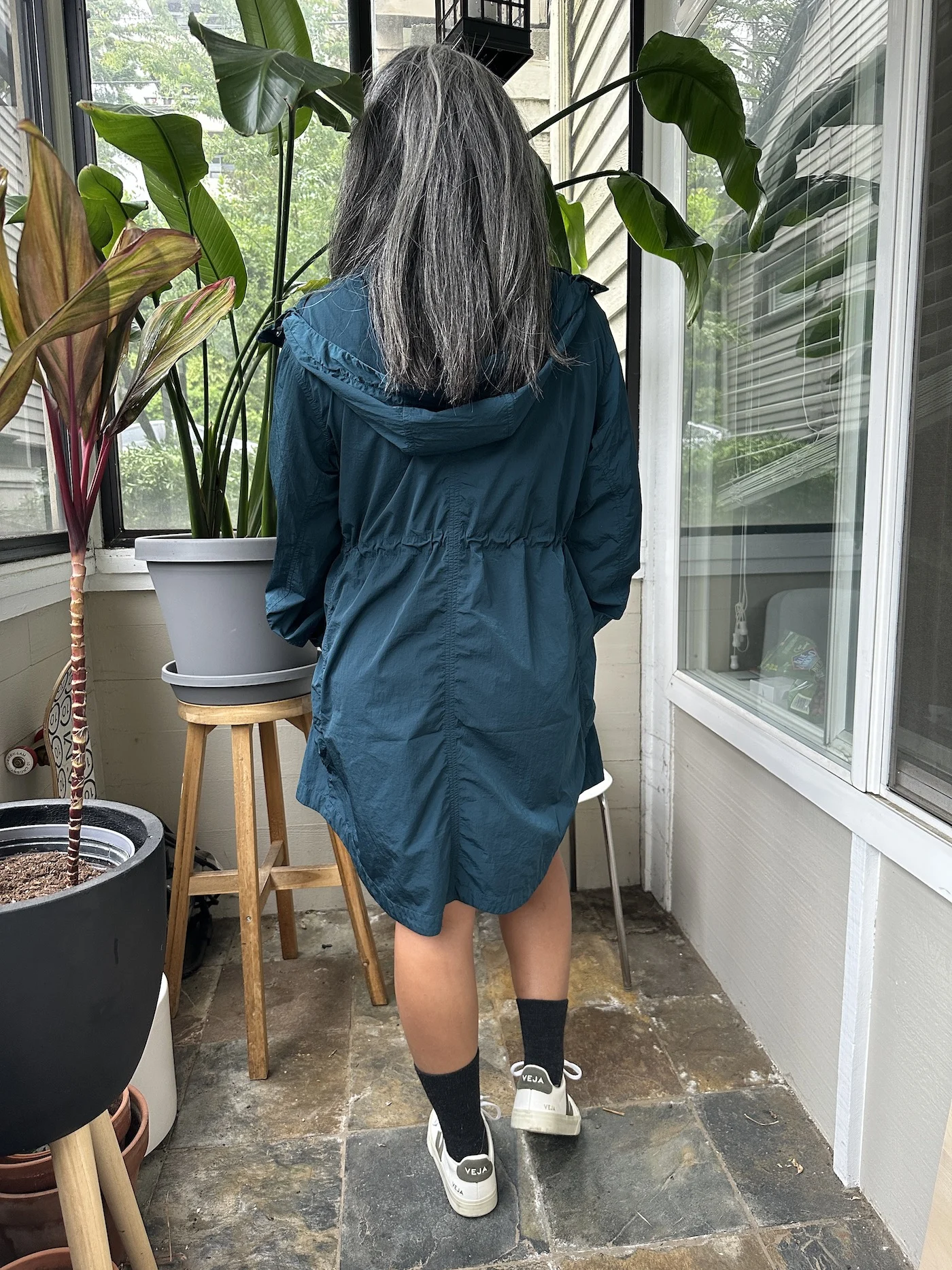 Tentree Review Recycled Nylon Long Jacket teal back