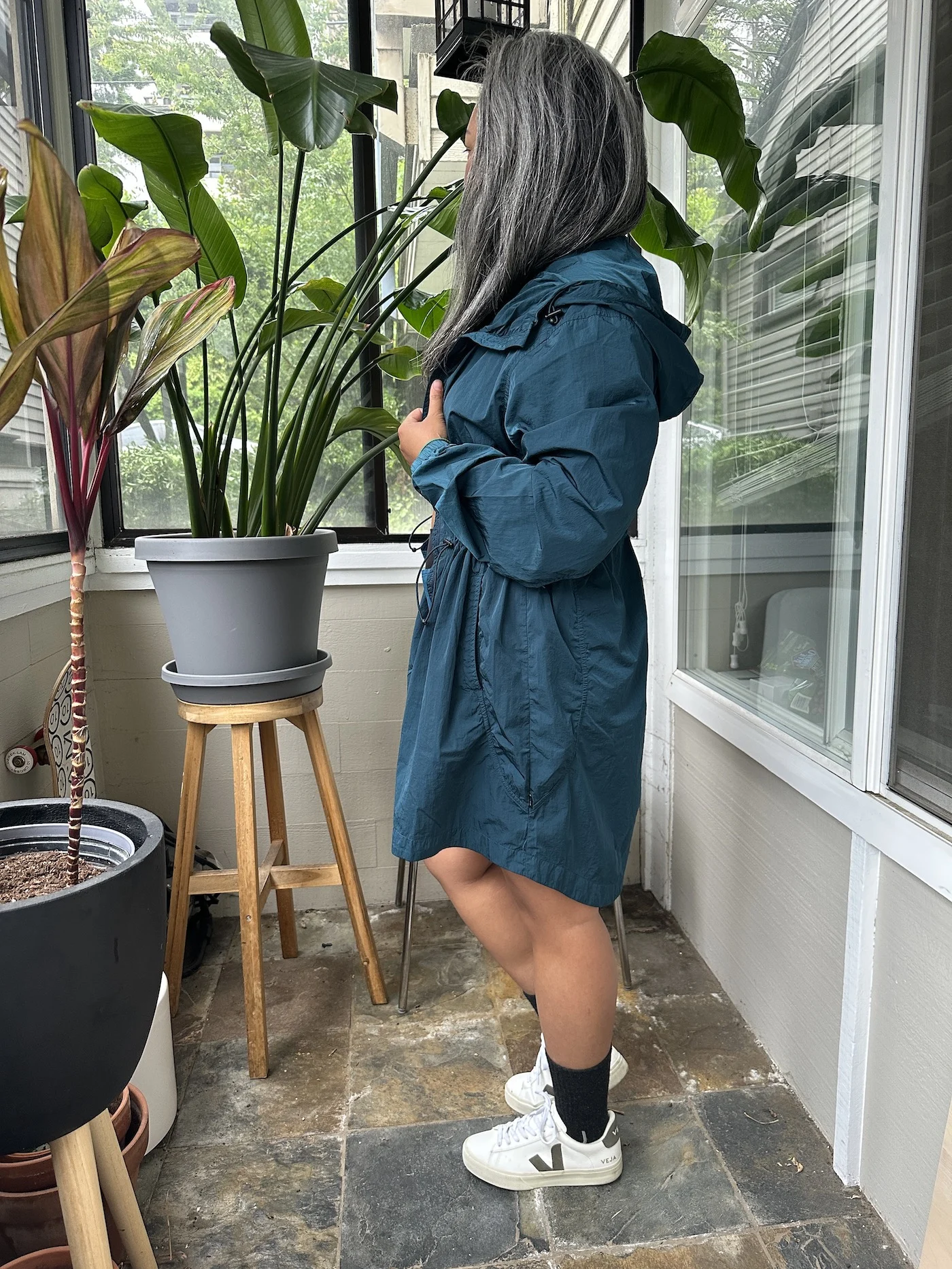 Tentree Review Recycled Nylon Long Jacket teal side