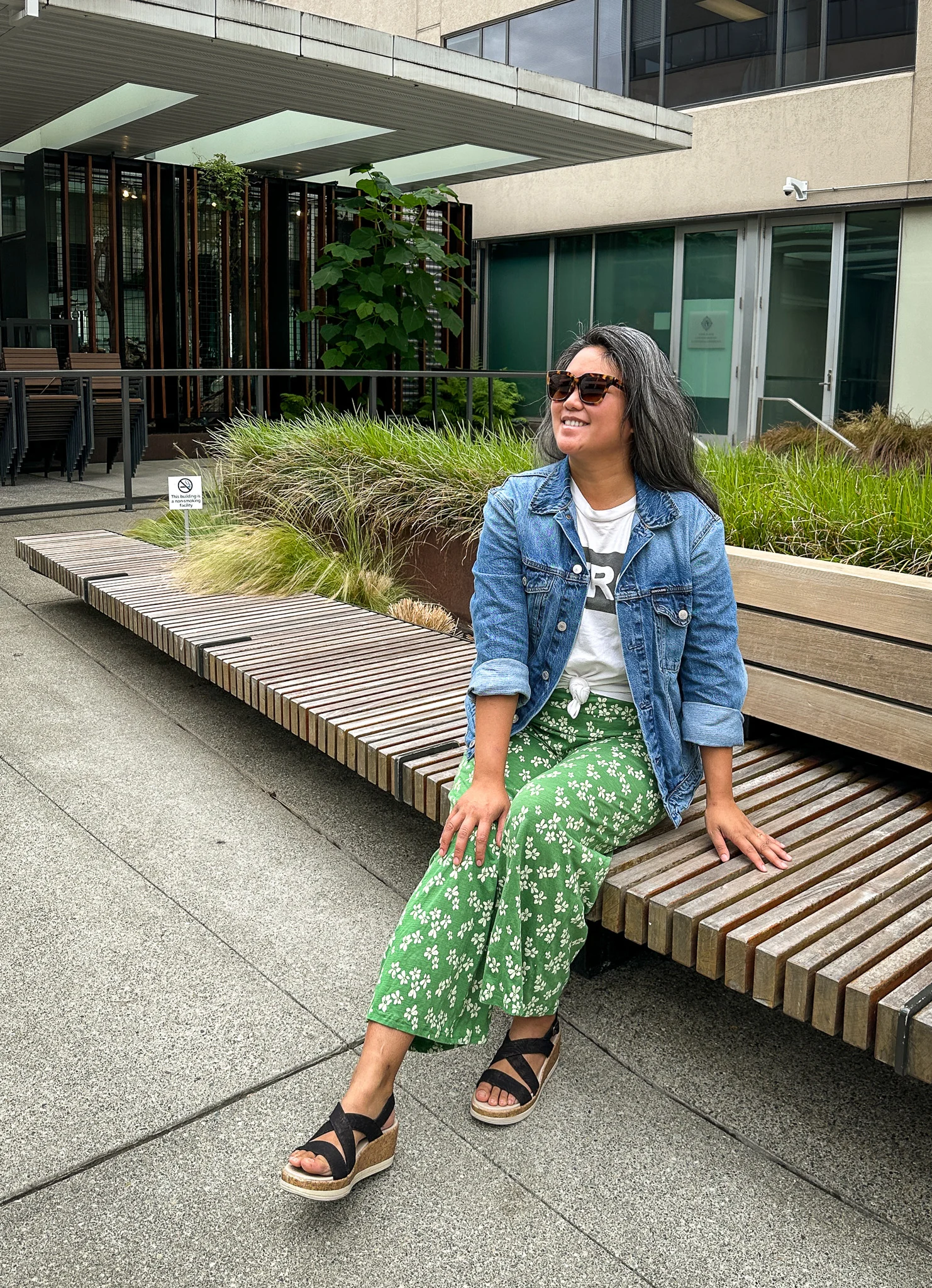 Toad and Co Review Chaka Wide Leg Pant Green Mohala sunglasses Calvin Klein Denim Jacket MERCI t-shirt Bzees Cork Radiant Wedge shoes