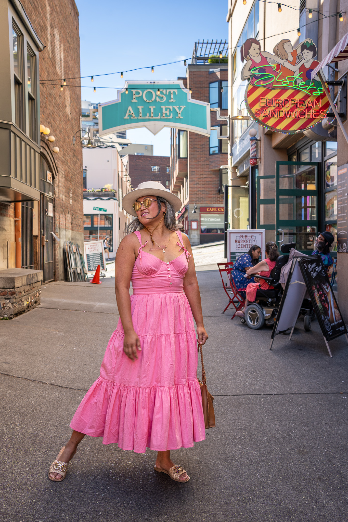 Tularosa Pink Poppy Dress Steve Madden Gene Raffia Sandals Post Alley Seattle Pike Place Market