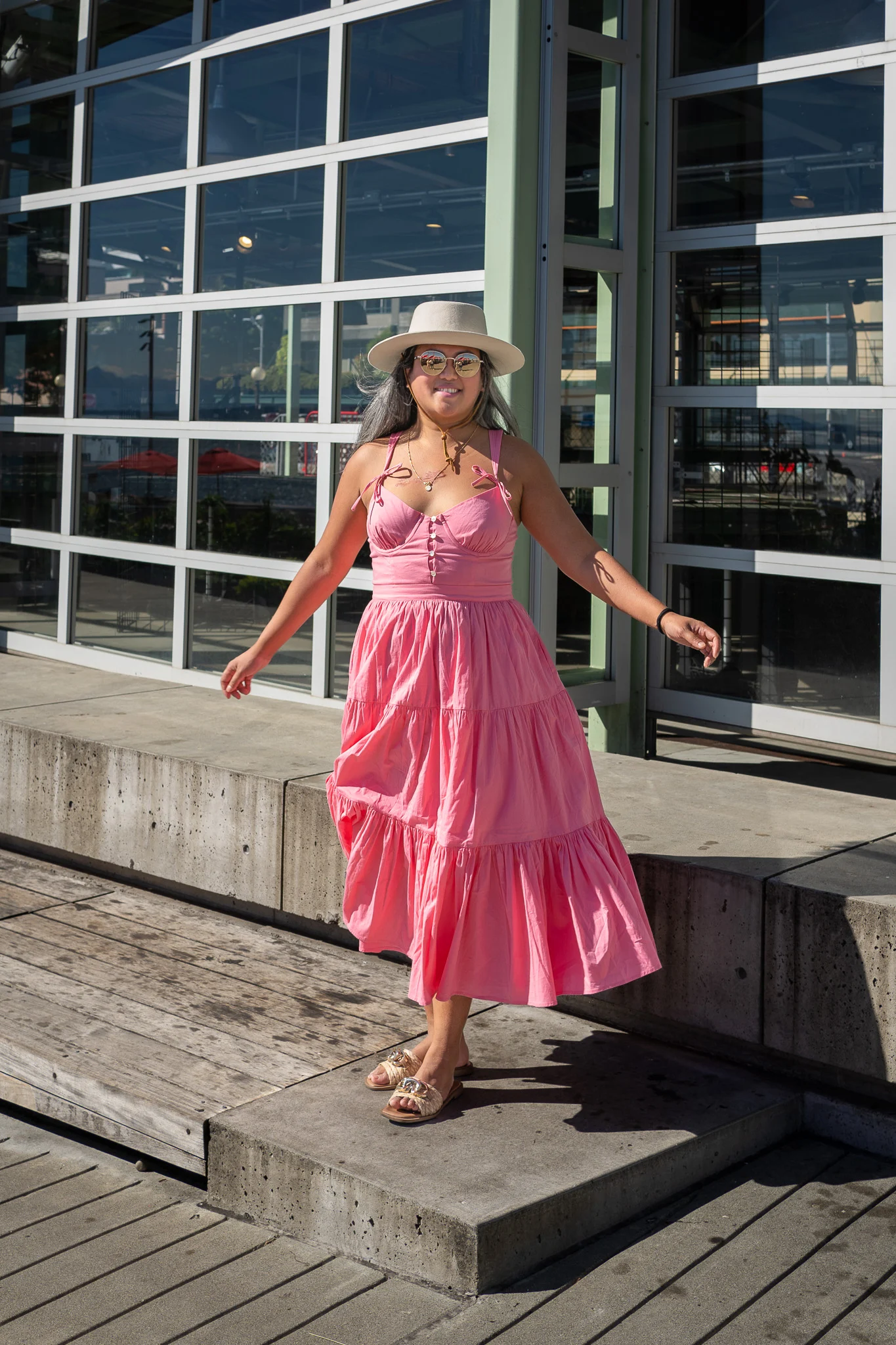 Tularosa Poppy Midi Dress in watermelon gigi pip wren hat steve madden gene raffia sandals