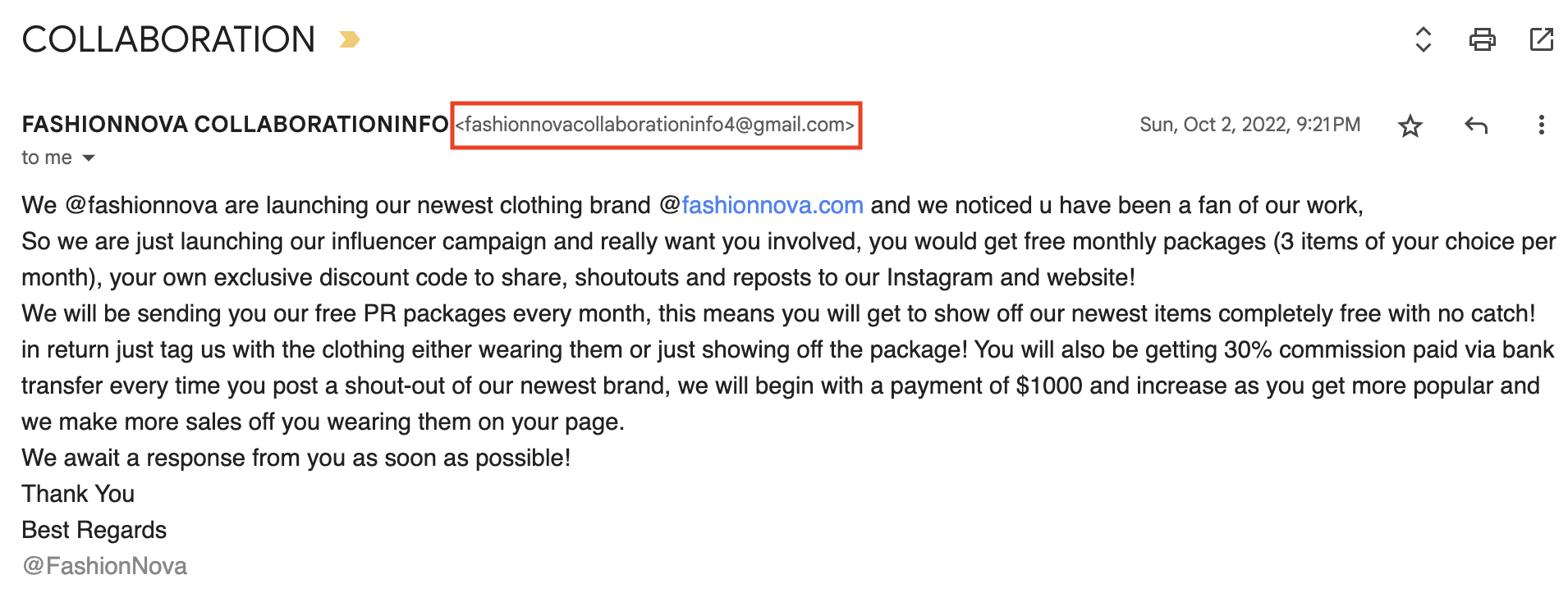 Fake Fashionnova Collaboration Email