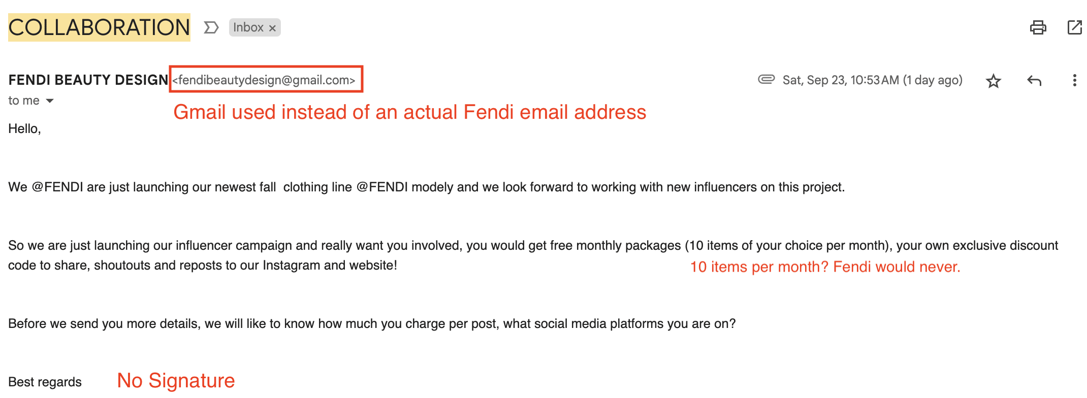 Fendi fake influencer collaboration email
