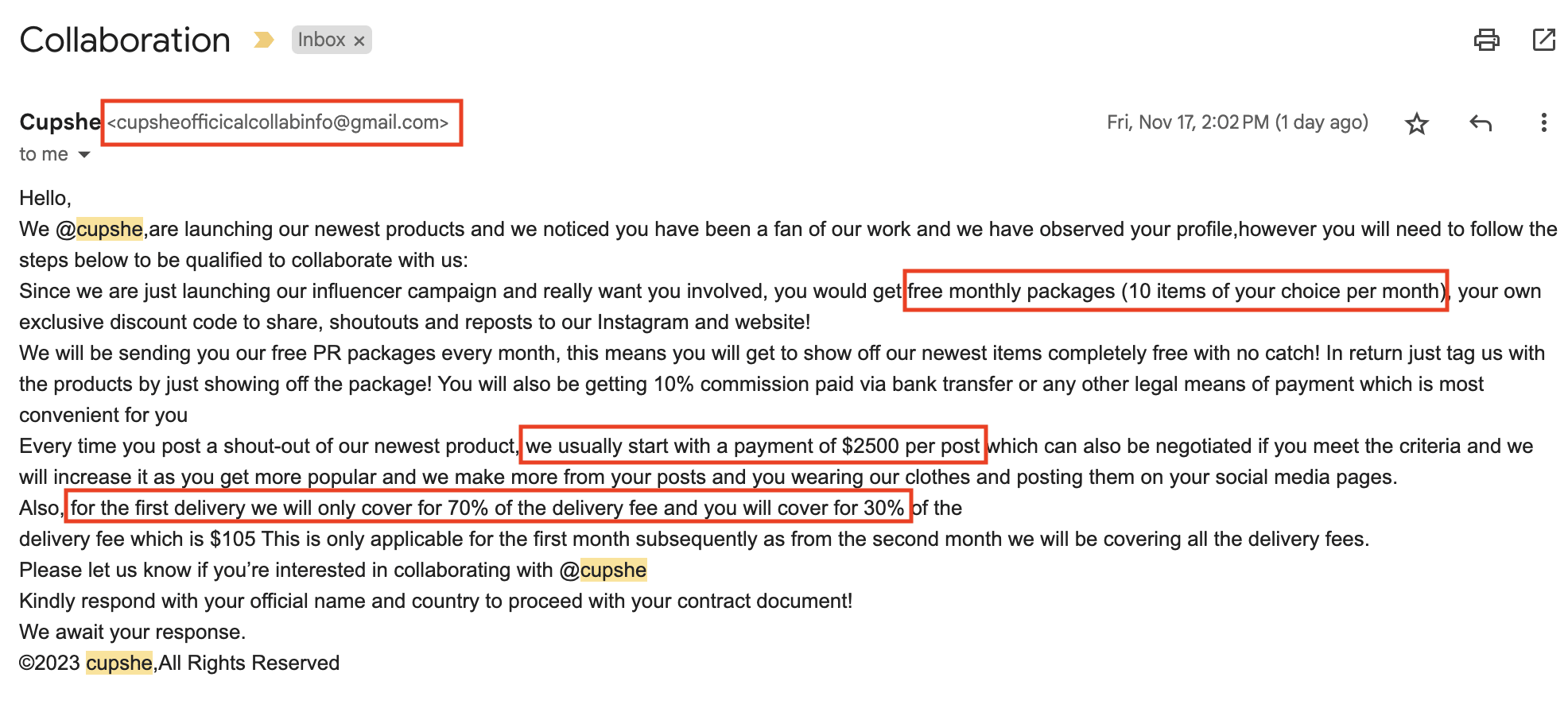 fake cupshe collaboration email scam