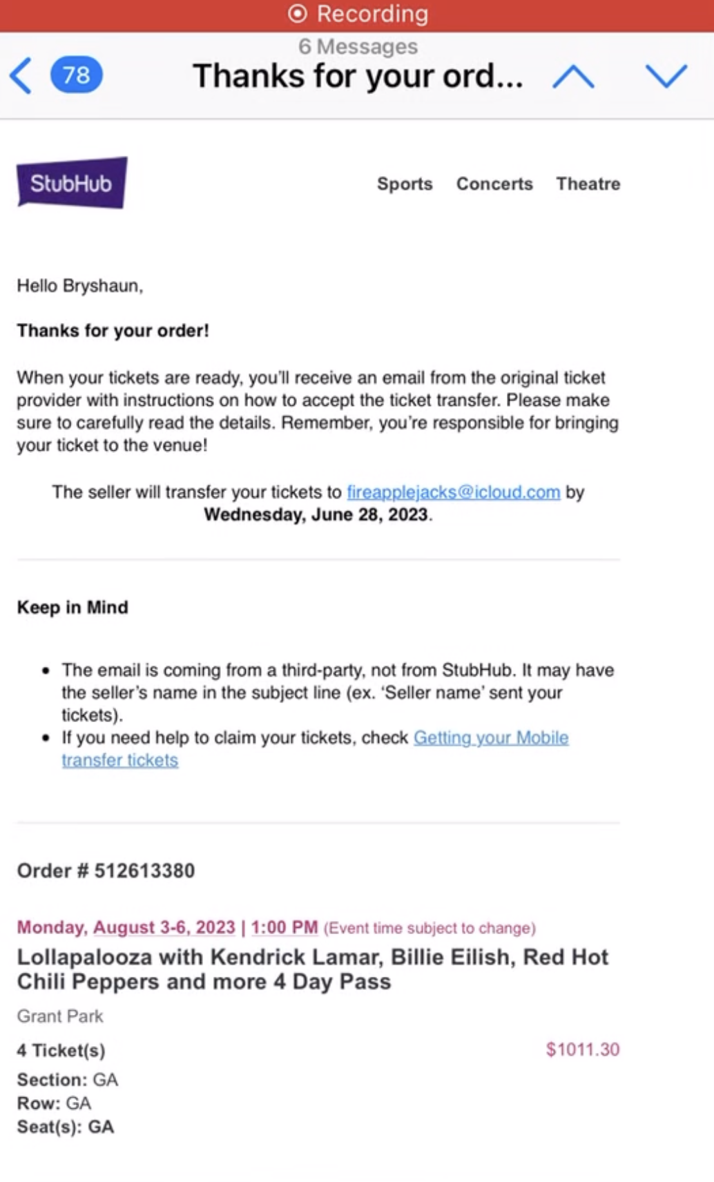 fake photoshopped receipt from StubHub for Lollapalooza 2023 Tickets