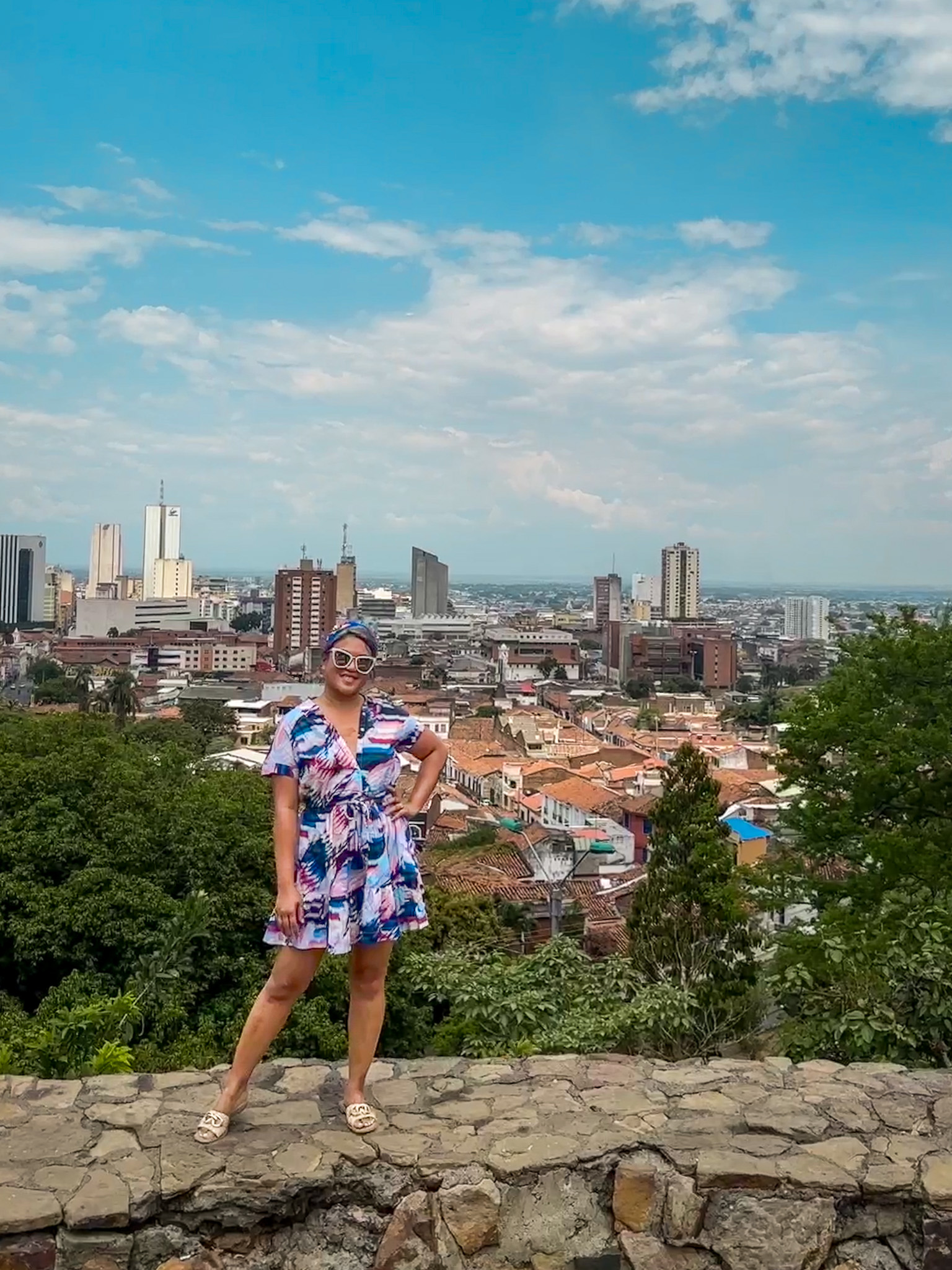 Change of Scenery Sarah Dress in Mosaic MIrador from San Antonio Church Cali Colombia Quay Sunglasses Steve Madden Raffia Sandals