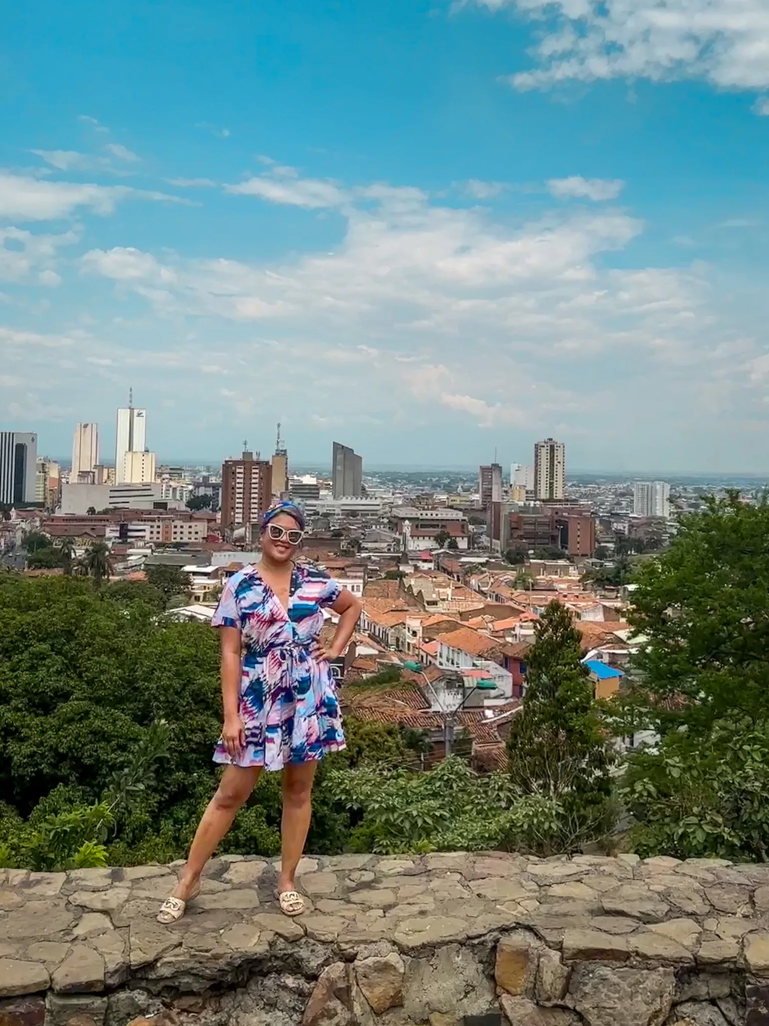 Change of Scenery Sarah Dress in Mosaic MIrador from San Antonio Church Cali Colombia Quay Sunglasses Steve Madden Raffia Sandals