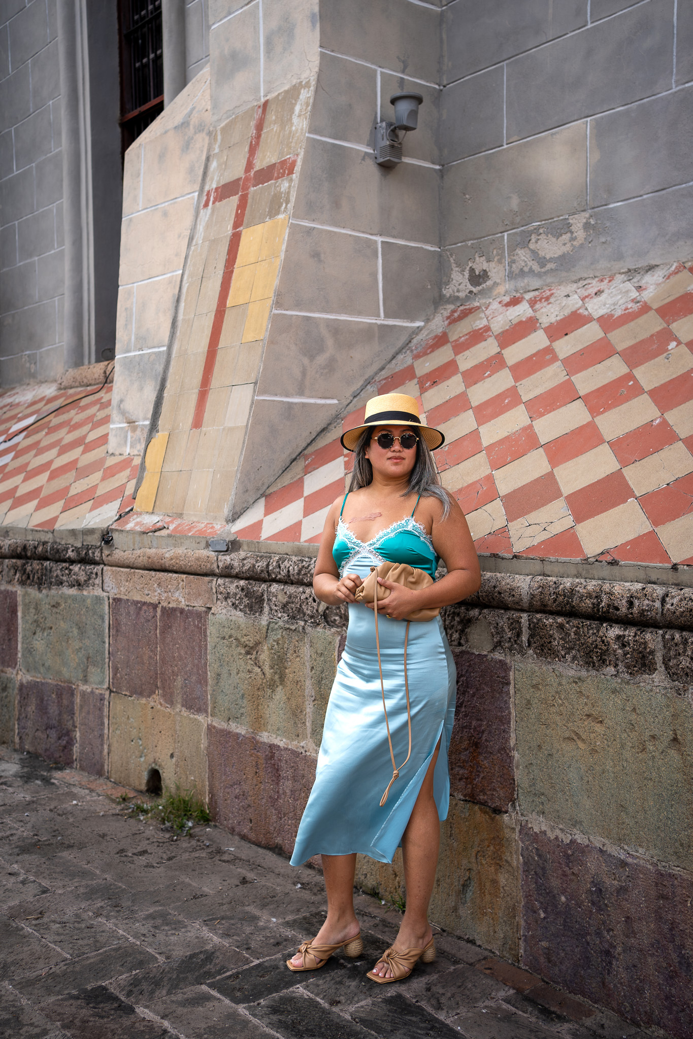 12th Tribe Pacific Blue Satin Midi Dress Quince handbag Elegancia Tropical Panama Hat RAYE Salma heel sandals Saint Owen Sunglasses