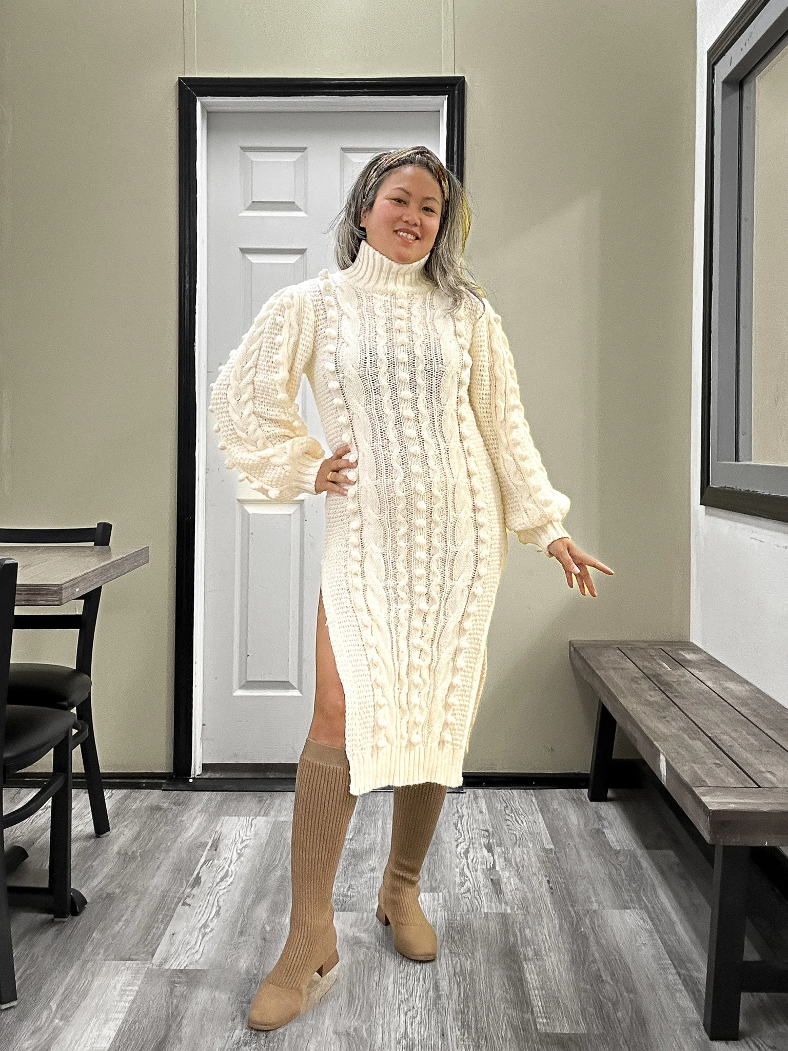 Loragal Knit Turtleneck Sweater Long Bell Sleeve Slit Midi Dress