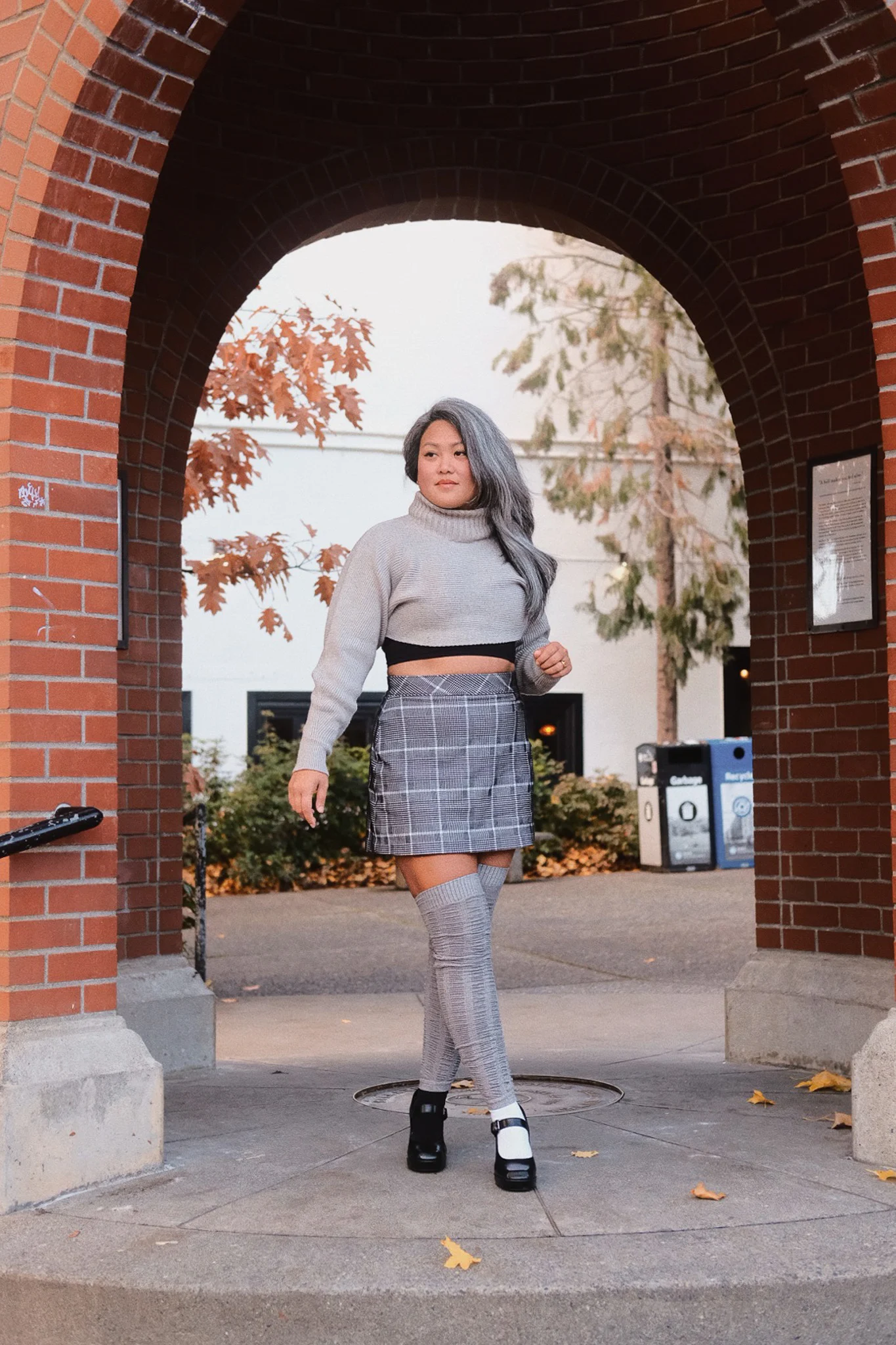 Fall Outfit Idea Cropped Sweater L'academie REVOLVE SPANX plaid skirt leg warmers dream pairs mary jane platforms