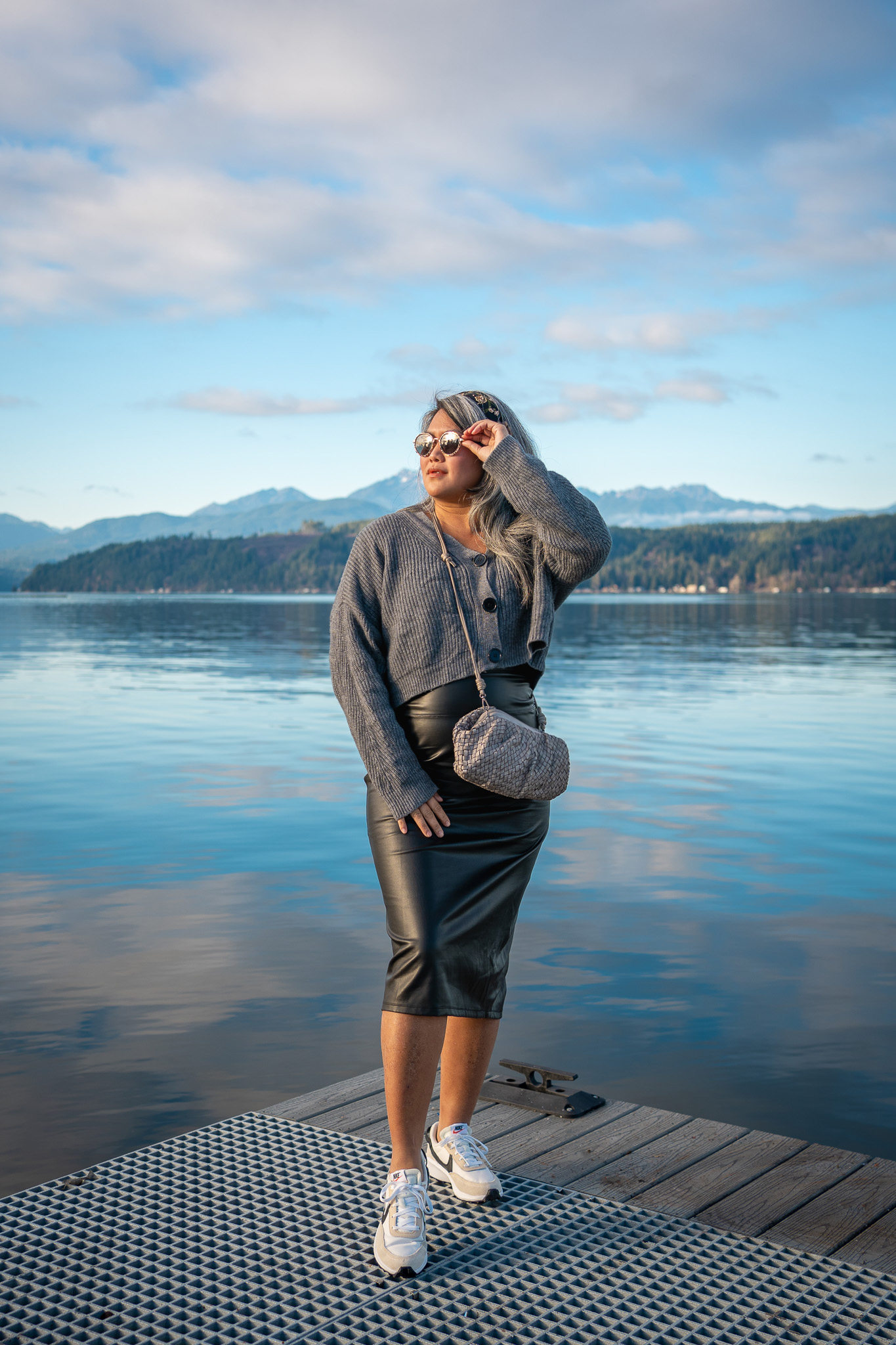 Electric and Rose Katie Cardigan Aspen Vegan Midi Skirt Saint Owen sunglasses Latico Leathers Noble Crossbody Bag Nike Shoes Alderbrook Resort lookout