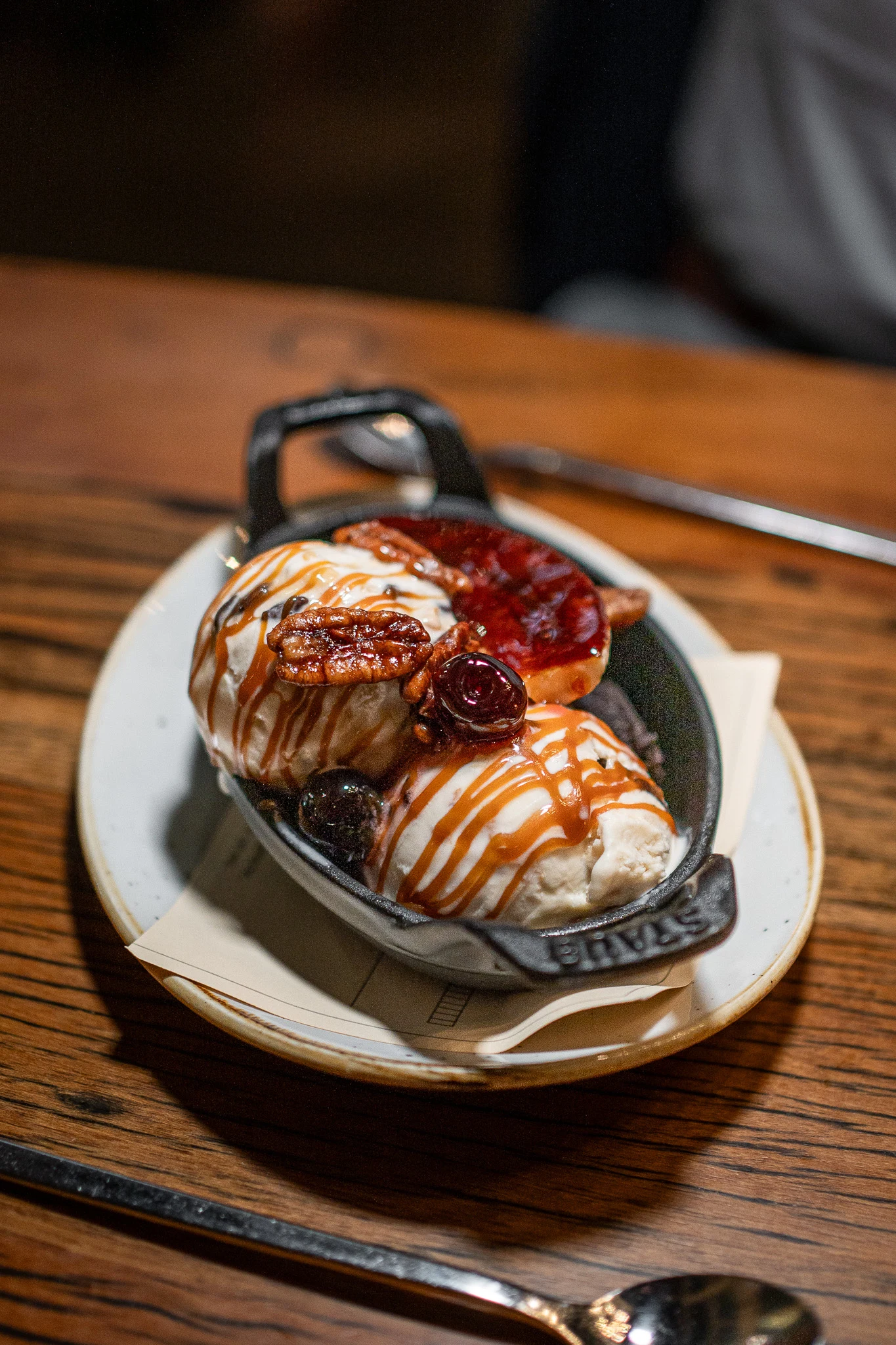 Flintcreek Cattle Co Bruleed Banana Split with tin roof ice cream and chocolate brownie