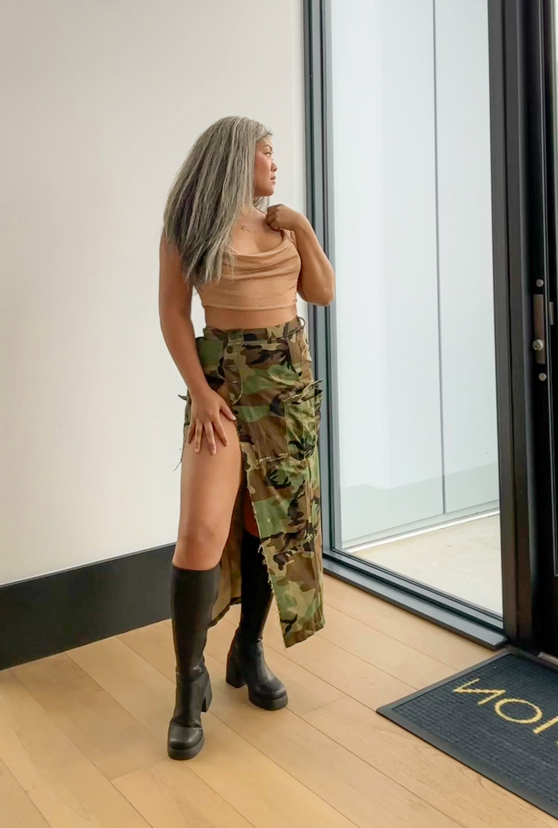 REVOLVE NBD top Superdown Camo Skirt Steve Madden pleather boots