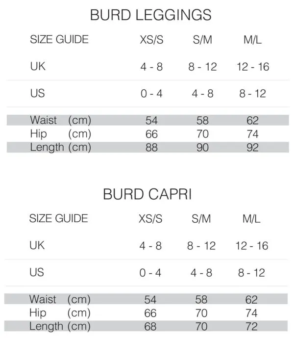 Burd Activewear Bottoms Size Chart