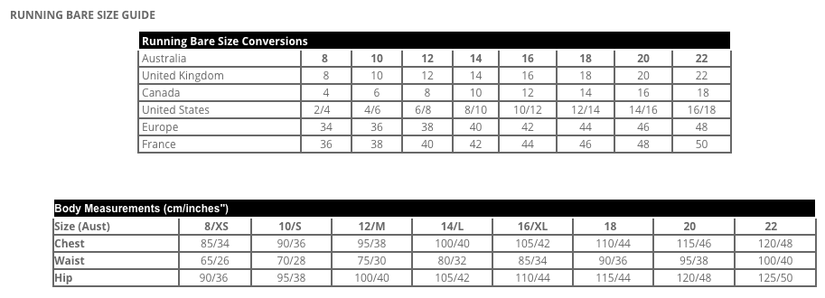 running bare size chart guide