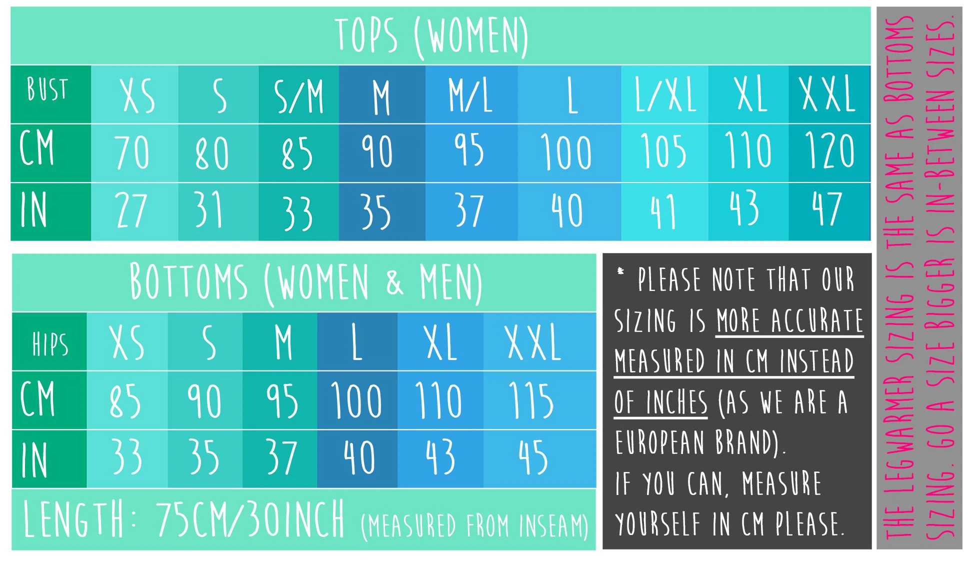 arthletic wear sizing chart bottoms and tops