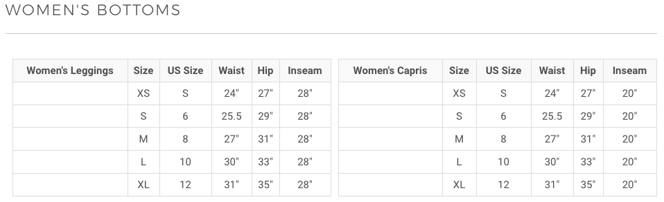 inner fire size chart