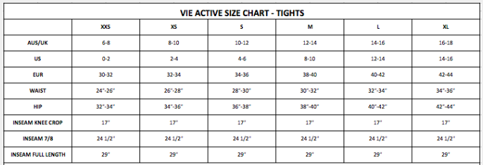 vie active size chart bottoms tights