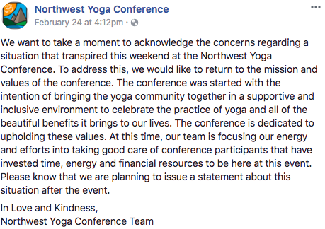 northwest yoga conference statement regarding savitri being kicked out