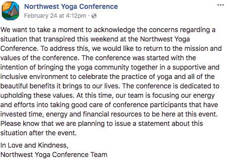 northwest yoga conference statement regarding savitri being kicked out