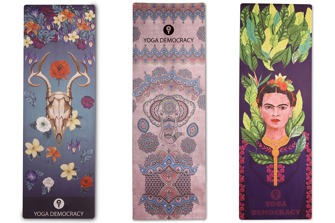 Yoga Democracy Yoga Mat Designs (left to right): Georgia, Mystic Elephant and Frida