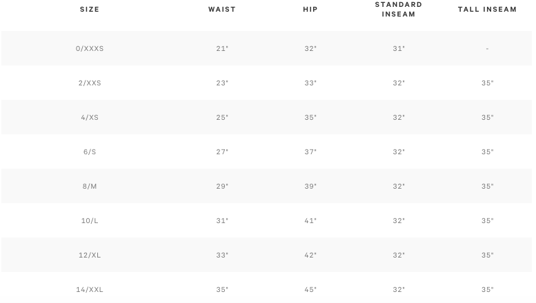 lululemon size chart womens bottoms