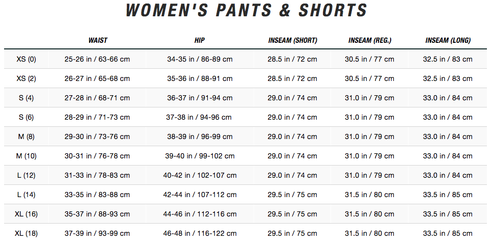 north face size chart womens pants bottoms