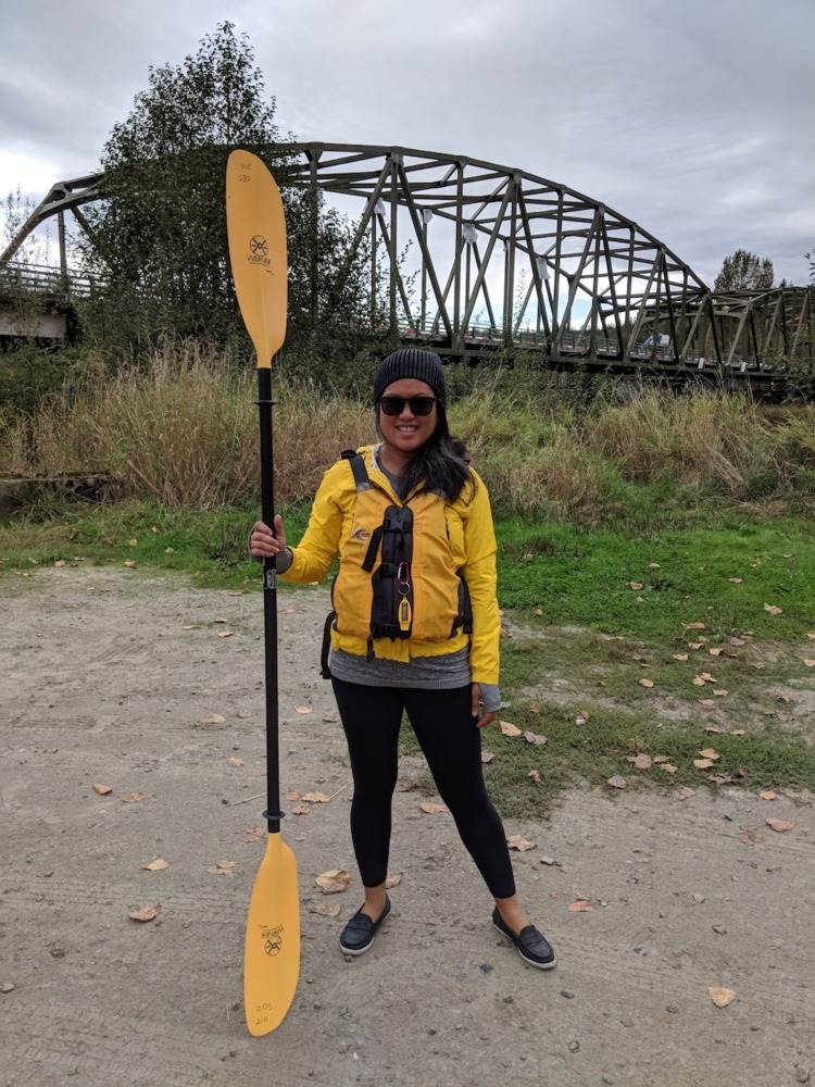 Ready to paddle! I am wearing my Athleta Elation Tights, Lolë jacket, lululemon puff beanie and gray long sleeve shirt.