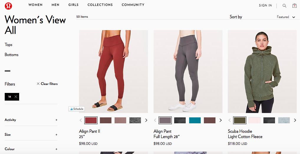 lululemon plus size products filtered out