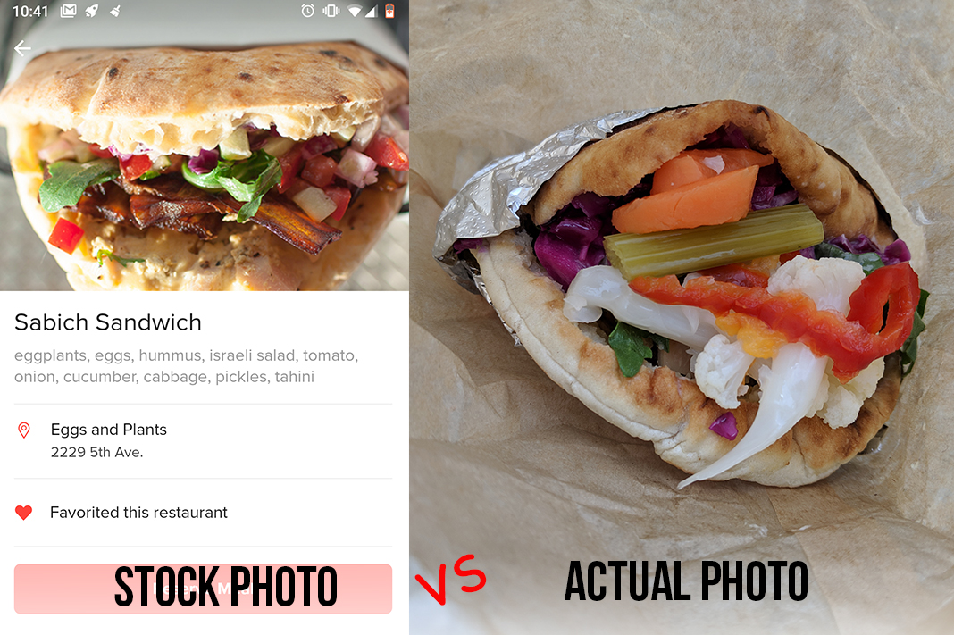 eggs and plants sabich sandwich mealpal lunch example actual vs stock photo