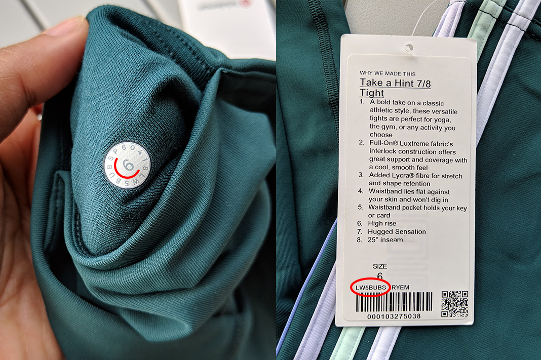 lululemon take a hint tight RYEM green stripe how to read size dot code around number meaning