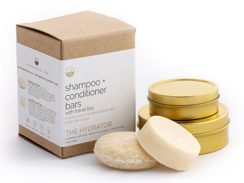 unwrapped life hydrator shampoo and conditioner bar with travel tins