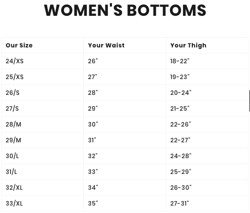barbell apparel size chart womens bottoms