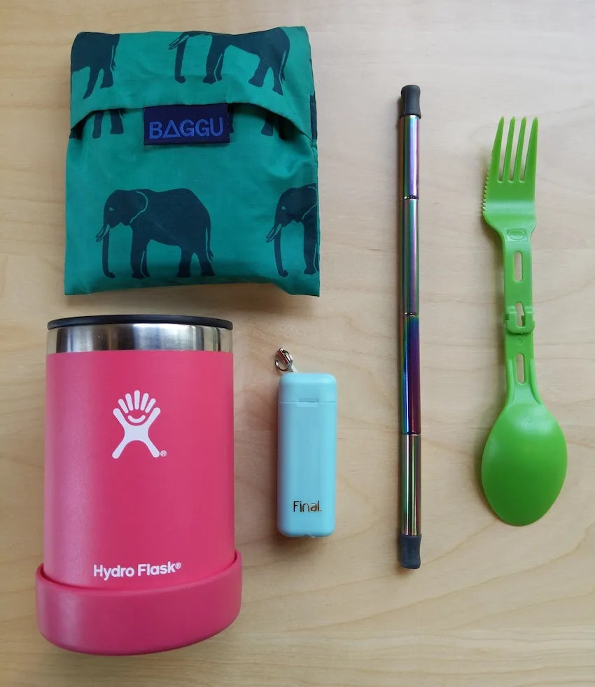 sustainable zero waste travel kit cup spoon fork straw bag
