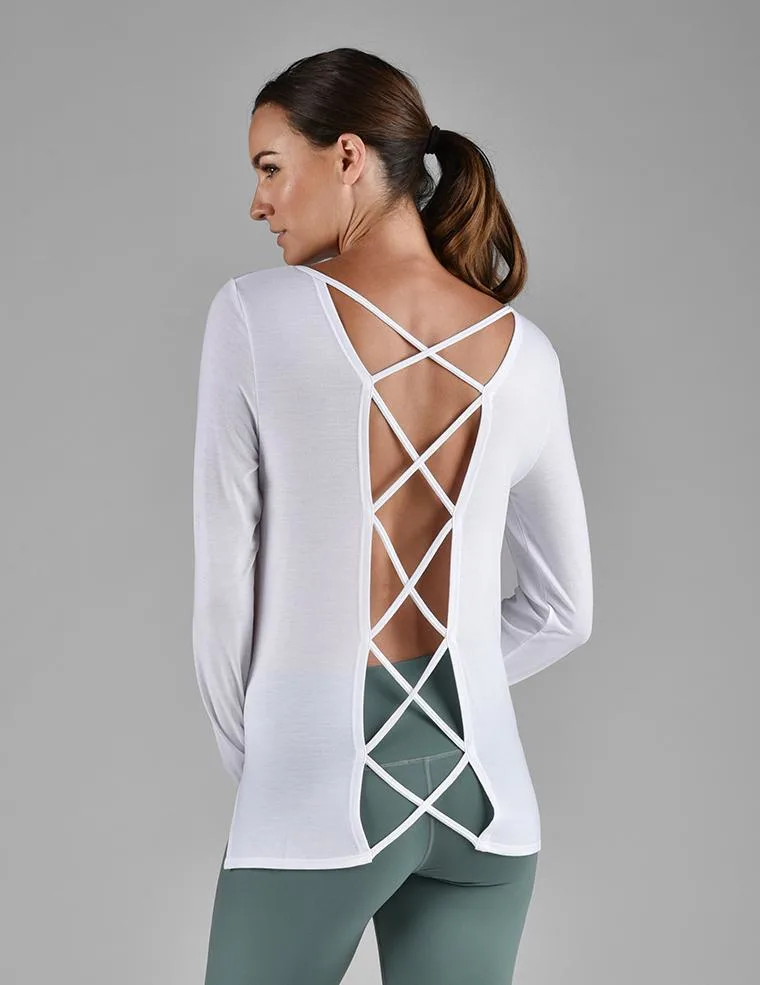 glyder apparel cross back long sleeve shirt in white